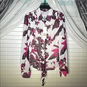 Calvin Klein Pink and Black Long Sleeve Tie Front Blouse